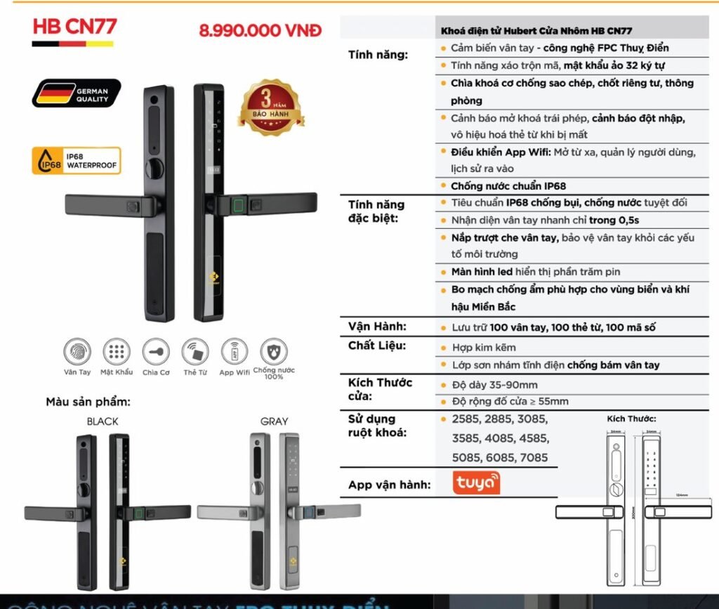 Khóa điện tử Hubert Cửa Nhôm HB CN77