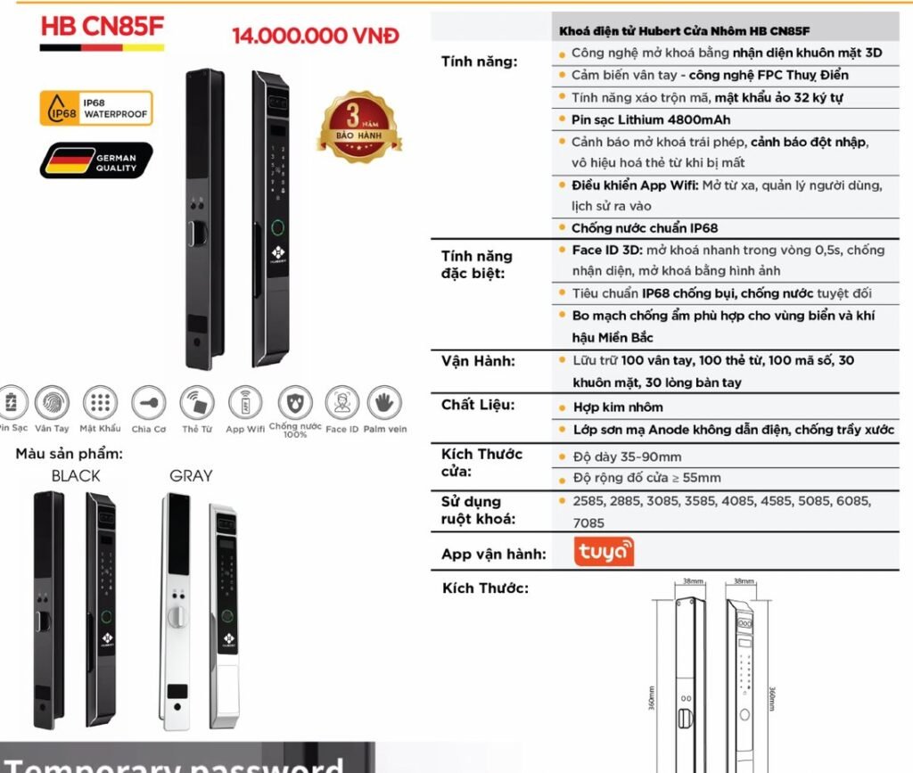 Khóa điện tử Hubert Cửa Nhôm HB CN85F