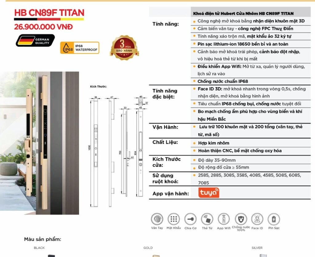 Khóa điện tử Hubert Cửa Nhôm HB CN89F Titan