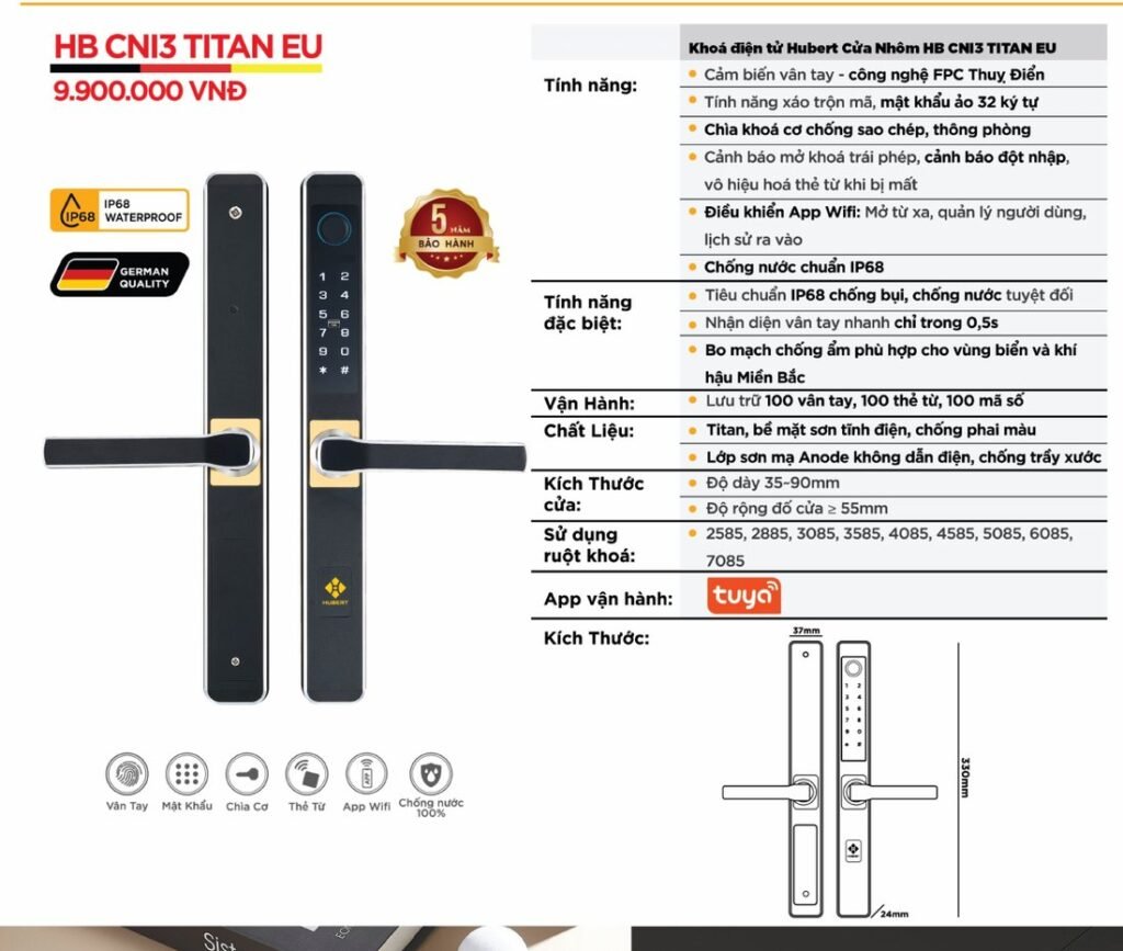 Khóa điện tử Hubert Cửa Nhôm HB CNI3 Titan EU