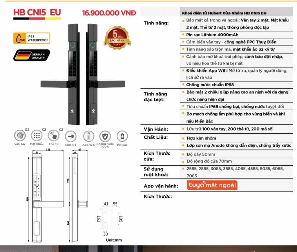 Khóa điện tử Hubert Cửa Nhôm HB CNI5 EU