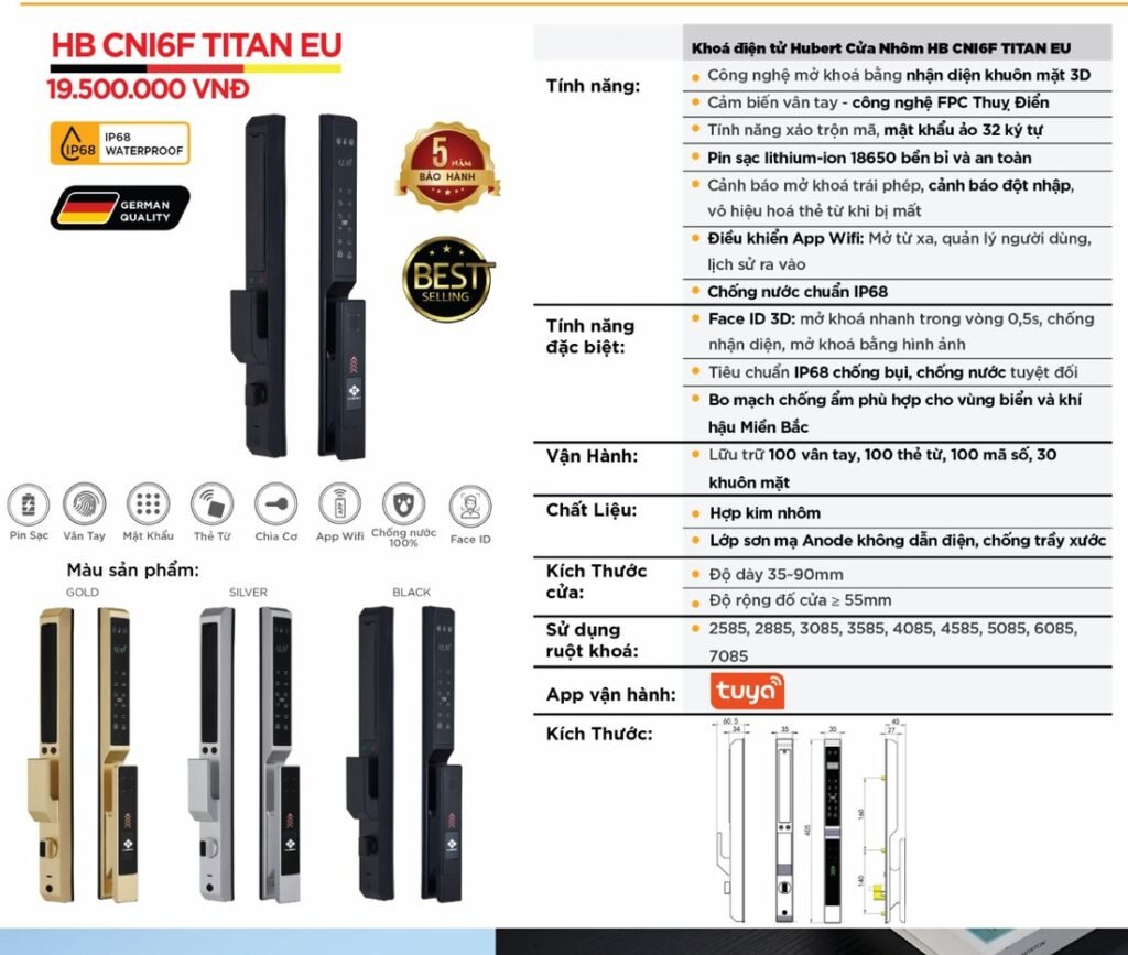 Khóa điện tử Hubert Cửa Nhôm HB CNI6F Titan EU