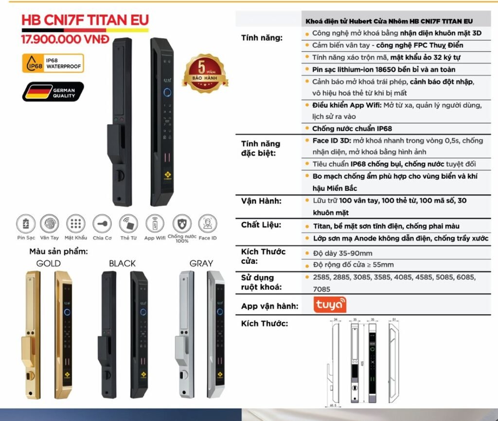 Khóa điện tử Hubert Cửa Nhôm HB CNI7F Titan EU