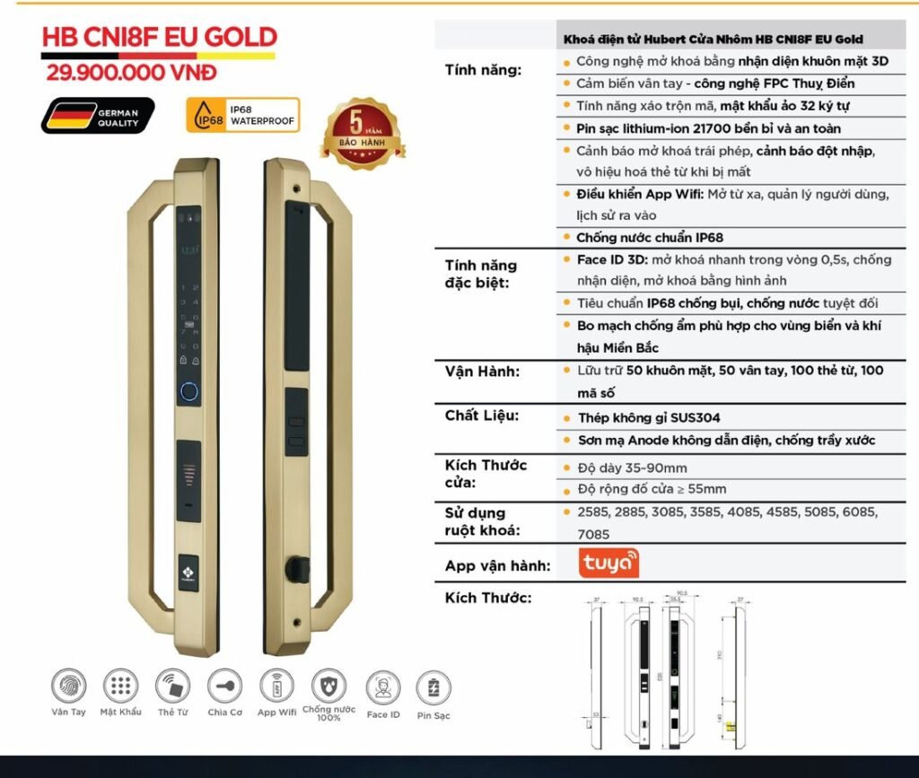 Khóa điện tử Hubert Cửa Nhôm HB CNI8F EU