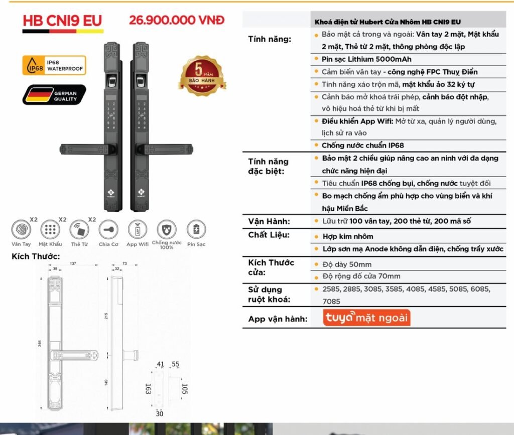 Khóa điện tử Hubert Cửa Nhôm HB CNI9 EU