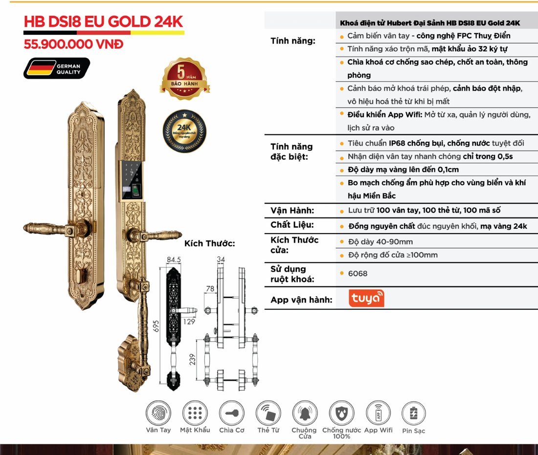 Khóa điện tử Hubert Đại Sảnh HB DSI8 EU Gold 24K