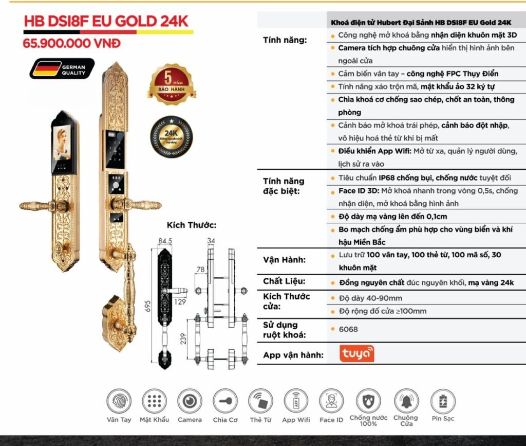 Khóa điện tử Hubert Đại Sảnh HB DSI8F EU Gold 24K