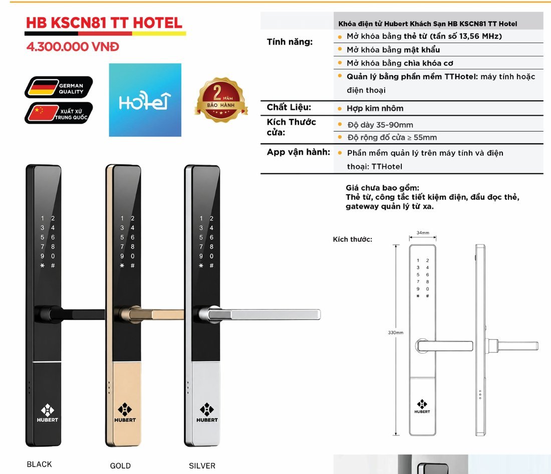 Khóa điện tử Hubert Khách Sạn Cửa Nhôm HB KSCN81 TT Hotel