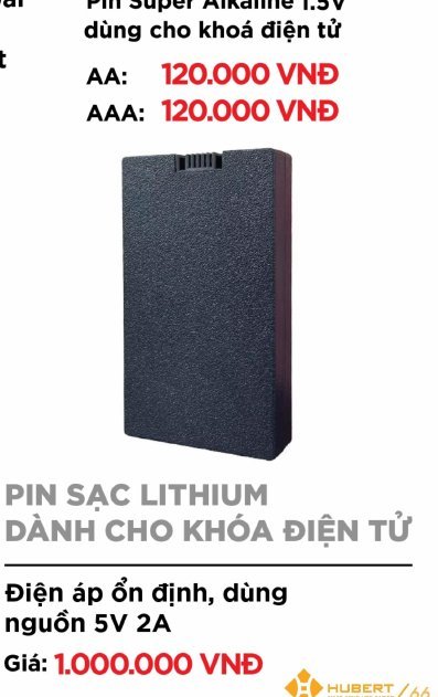 Pin sạc Lithium cho khóa điện tử Hubert