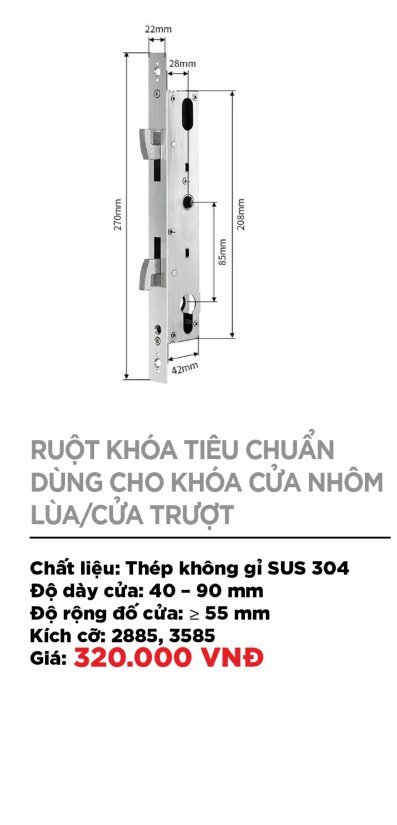 Ruột khóa tiêu chuẩn cửa nhôm (lùa/trượt)