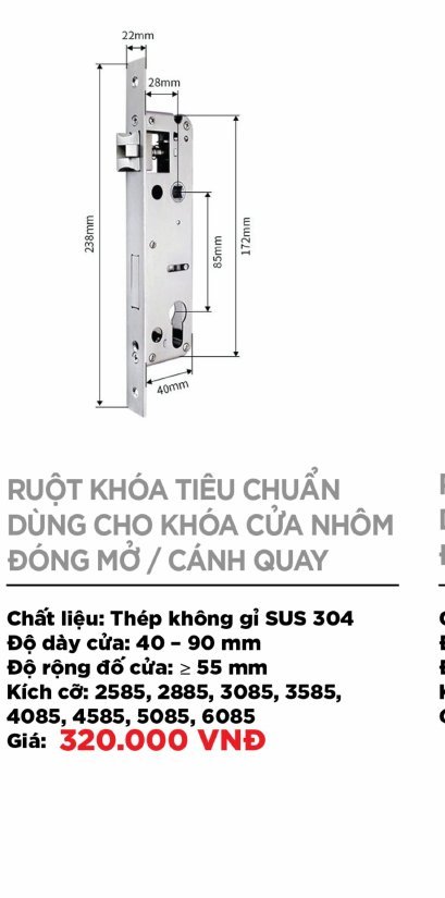 Ruột khóa tiêu chuẩn cửa nhôm (đóng mở/cánh quay)