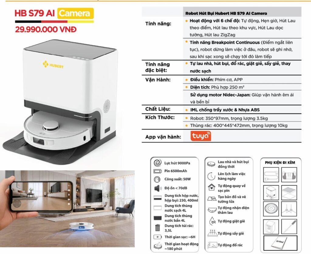 Robot hút bụi lau nhà Hubert HB S79 AI Camera